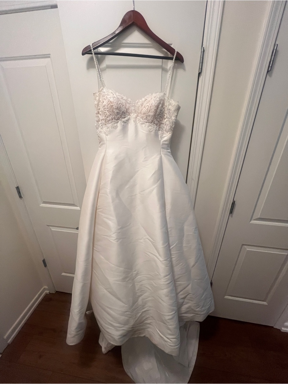 Pronovias Ivory Satin A-Line Wedding Dress with Beaded Bodice
